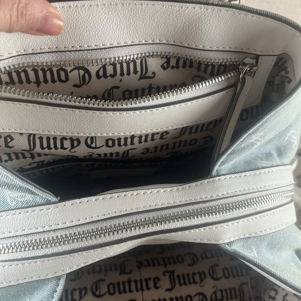 Juicy Couture Denim Monogram Back To Class Backpack RhinestoneLogo WhiteTrim NWT